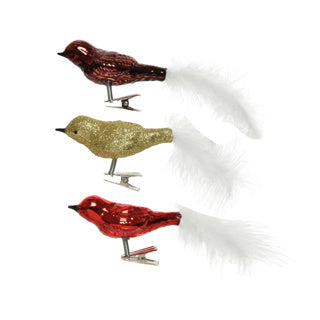 Vogel glas shiny, glitter white feather tail mixl. 3cm x w.8cm x h.3.5cm | 30 stuks