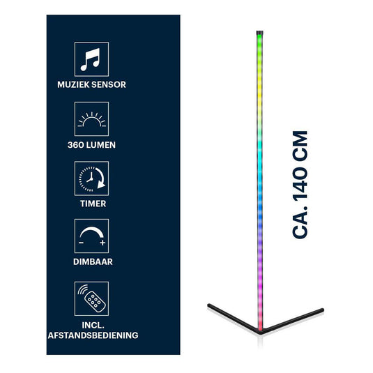 Grundig rgb led hoeklamp - hoeklamp led staand - rgb vloerlamp met muzieksensor en afstandsbediening - 140 cm - meerkleurig