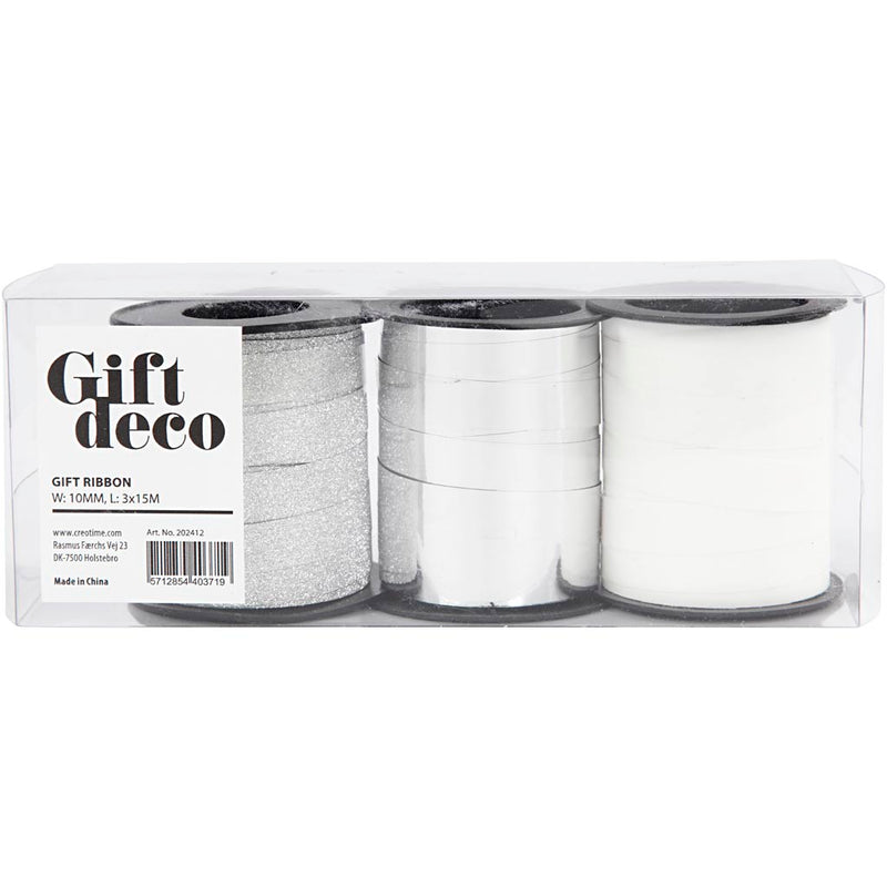 Afbeelding laden in galerijviewer, Https: www.cchobby.nl cadeaulint-b-10-mm-zilver-glitter-zilver-wit-3x15-m-1-doos
