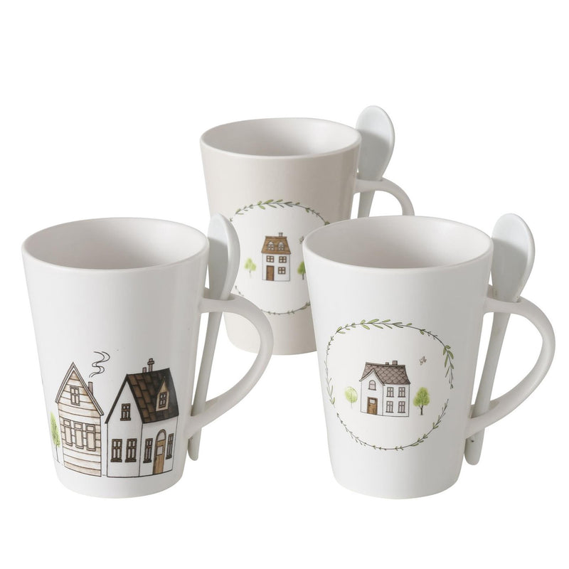 Load image into Gallery viewer, Boltze home mok met dessin huisjes incl lepel 330ml
