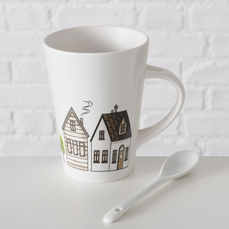Load image into Gallery viewer, Boltze home mok met dessin huisjes incl lepel 330ml
