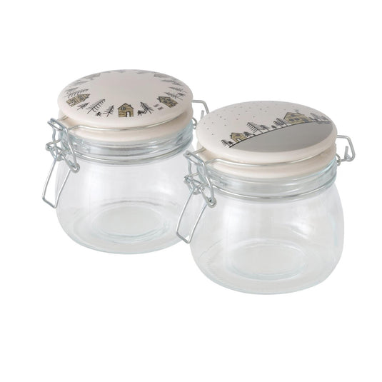 Boltze home voorraadpot homewood glas met keramieken klemdeksel met afbeelding van huisjes 450ml- h12cm dia10cm