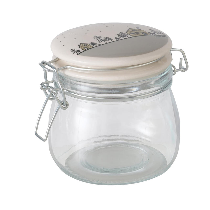 Load image into Gallery viewer, Boltze home voorraadpot homewood glas met keramieken klemdeksel met afbeelding van huisjes 450ml- h12cm dia10cm
