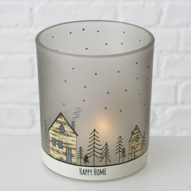 Boltze home theelichthouder glas homewood set a 2 stuks met afbeelding van huisjes- h8,5cm dia 7cm en h10cm dia 9cm