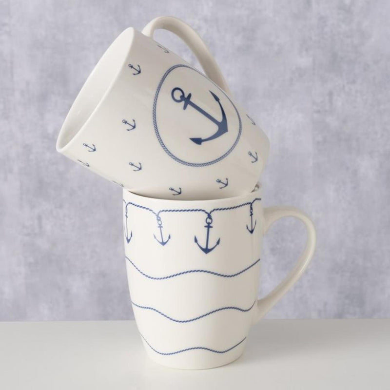 Load image into Gallery viewer, Boltze home mok 'bã¼sum' 350 ml wit met blauw anker motief dia.8,5x10,5cm porselein 2 assorti
