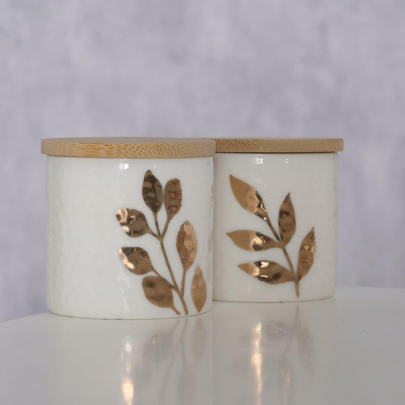 Load image into Gallery viewer, Boltze home voorraadpotje met blad goud 5x5cm

