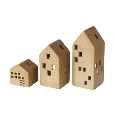Boltze home theelichthouder huis hans 3-delig dolomiet h7,2-18,2cm b6,5-7,2cm hout-look bruin