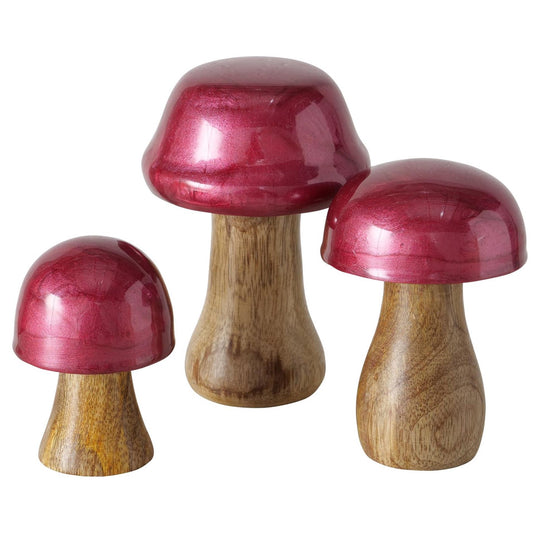 Boltze home decoratief beeld paddenstoel ella 3-delig h7-11cm mangohout rood