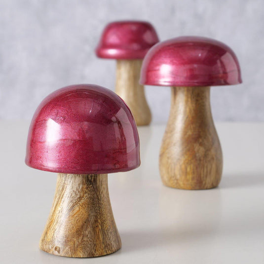 Boltze home decoratief beeld paddenstoel ella 3-delig h7-11cm mangohout rood