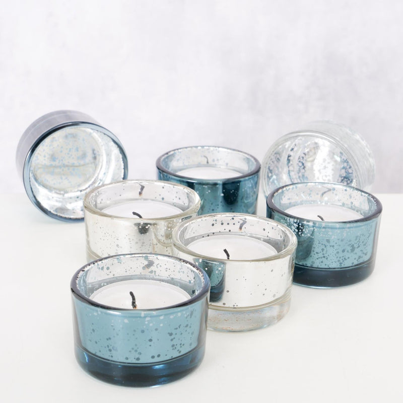 Load image into Gallery viewer, Boltze home theelichthouder balos glas 4-delig rond h3,3cm zilver blauw
