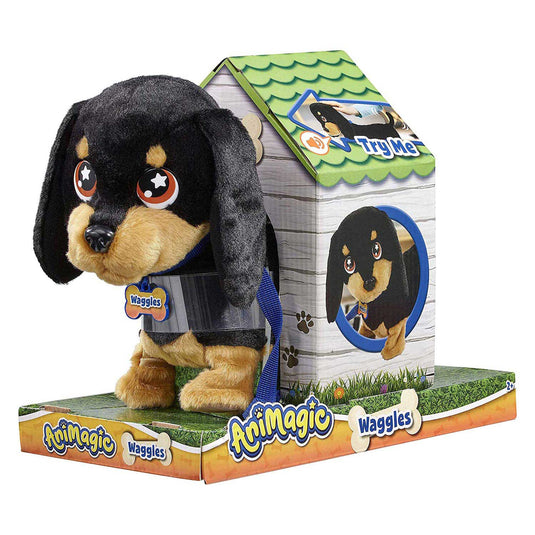 Goliath animagic waggles knuffel hond - zwart - interactieve knuffel - wandel en communiceer met waggles
