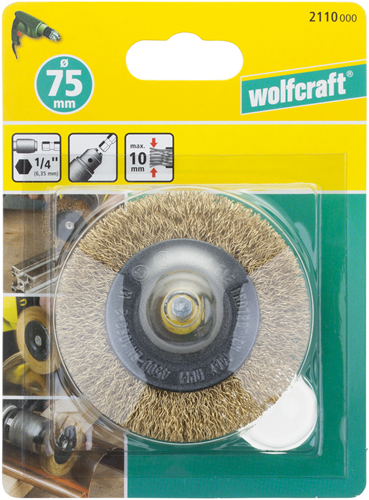 Load image into Gallery viewer, Wolfcraft draadborstel | messing | 6-kant schacht | ø75 x 10mm | 1 stuk - 2110000
