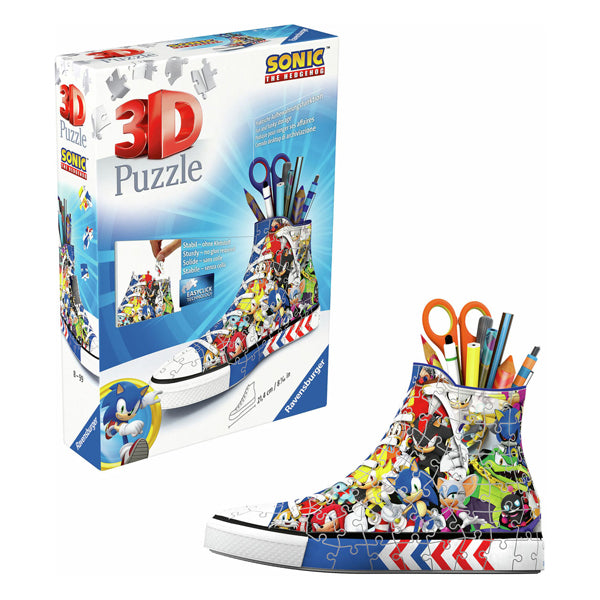 Load image into Gallery viewer, Ravensburger 3d puzzel pennenbak sonic the hedgehog sneaker 108 stukjes.
