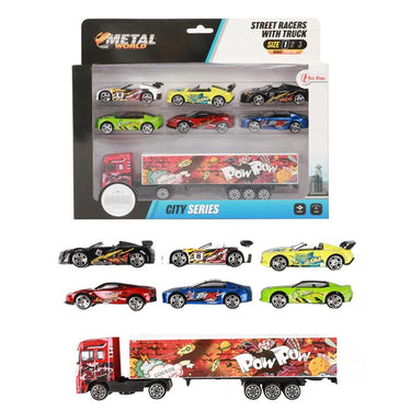 Toi-toys toi toys vrachtwagen pop art met 6 raceauto's