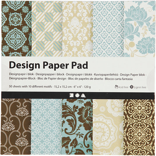 Design papierblok, vel 15,2x15,2 cm, 120 gr, lichtblauw, bruin, 50 vel 1 doos