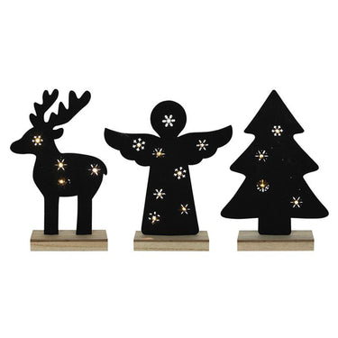 Svenska living vilt kerstfiguur zwart op houten voet 8xled engel 25x30cm hert 19x32cm of boom 22x30,2cm