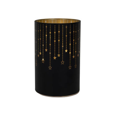 Svenska living decoratieve lantaarn van glas 14cm led zwart goud met sterren timer (exclusief 3 x aa batterij )