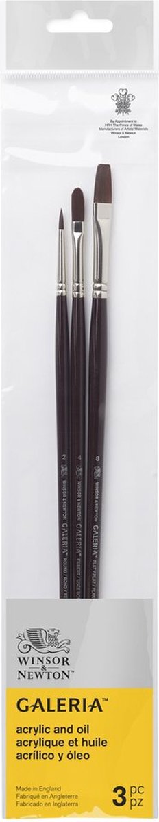 Winsor newton 5790610 galeria acrylpenseel set 3 – 3 penselen met lange steel voor acrylschilderen ( rond 2, plat 8, filbert 4 )