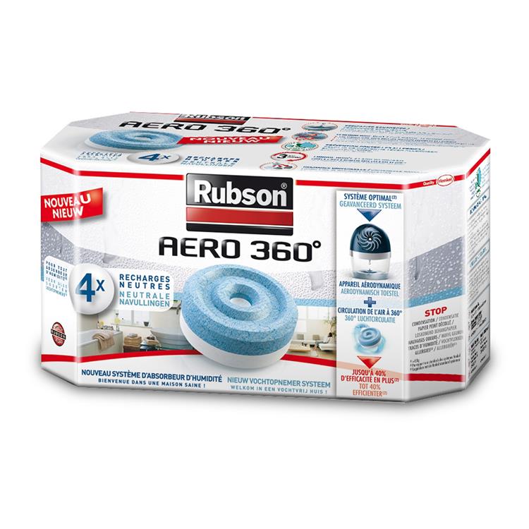 Load image into Gallery viewer, Rubson aero 360 navullingen neutral 4 stuks | vochtvanger luchtontvochtiger navulling | vochtvanger navul tabs | kamer ontvochtiger vochtopnemer tabs.
