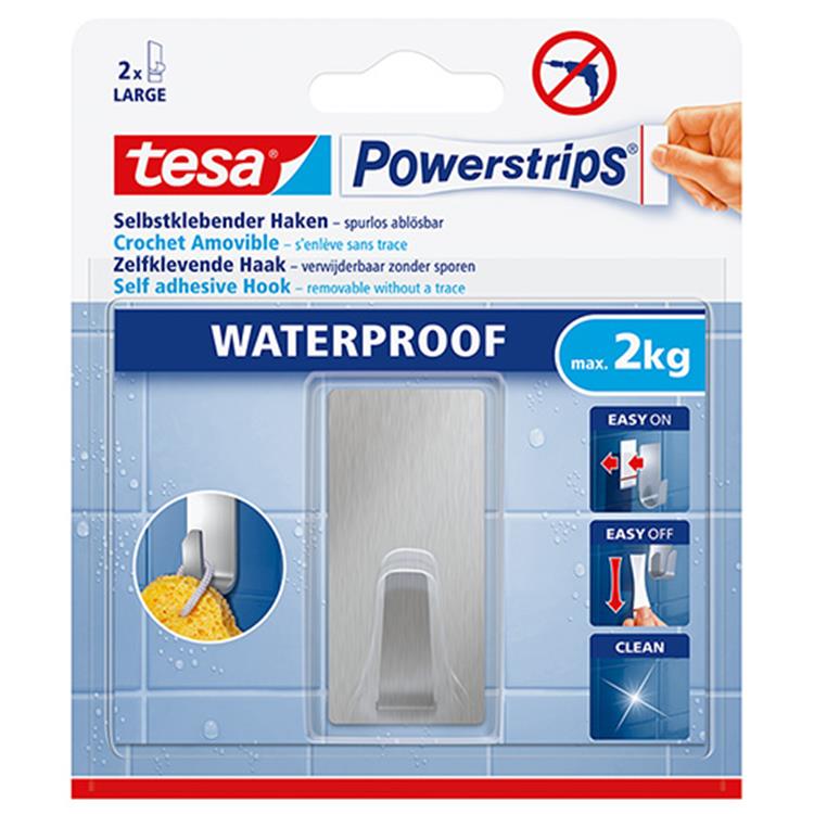 Load image into Gallery viewer, Tesa ® powerstrips waterproof kleefhaak l - rechthoekig - montage zonder boren - roestvrij staal (rvs) - draagkracht 2 kg - voor badkamer en douche
