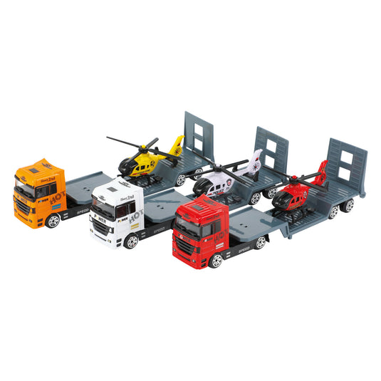Toi-toys metal vrachtwagen met oplegger en helikopter