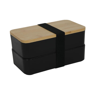 Lunchbox met bestek dubbel met bamboe deksel 18x10x9,5cm zwart kunststof