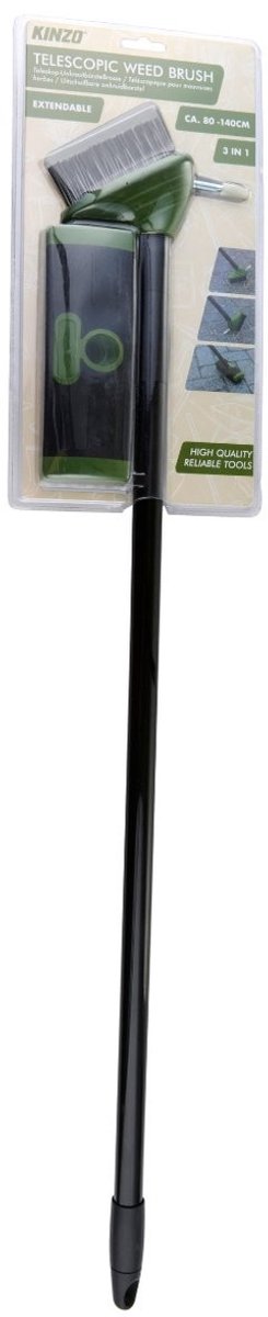 Kinzo uitschuifbare onkruidborstel 3-in-1 – telescopische onkruidborstel met krabber en schraper – verstelbaar van 80-140 cm – voor tegels, terras, oprit – ergonomisch tuingereedschap