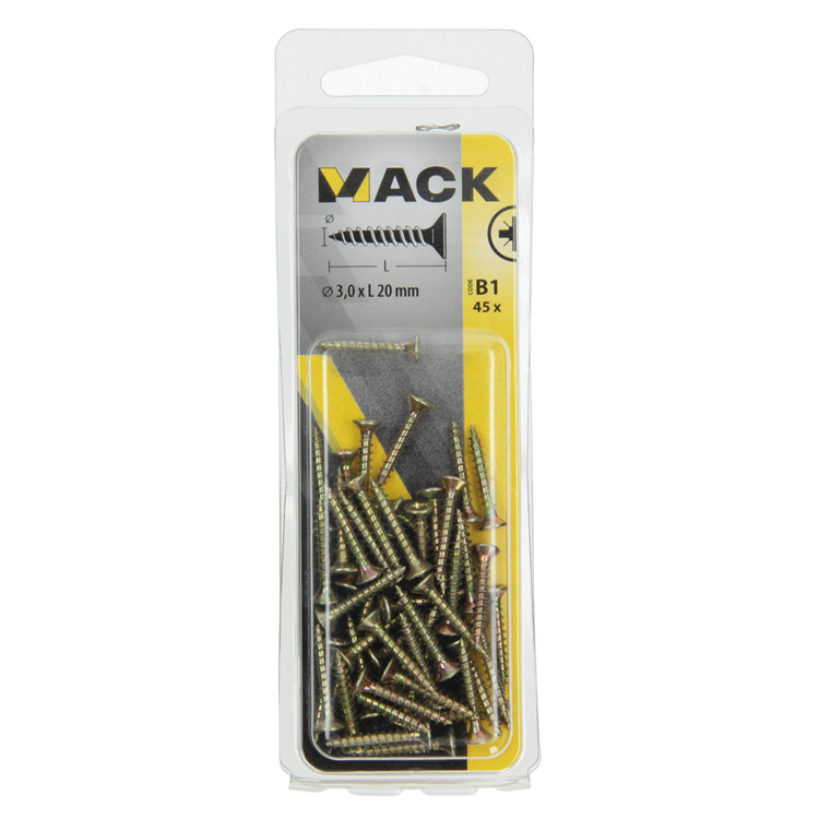 Afbeelding laden in galerijviewer, Mack 1017217 - spaanplaatschroef vz kop geelverz.45 st 3,0 x 20 mm | 10 stuks
