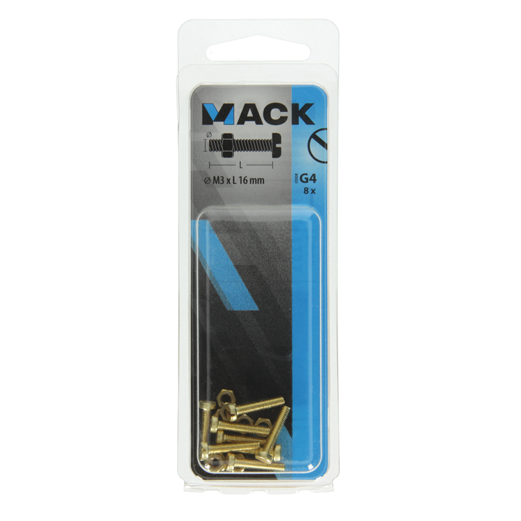 Load image into Gallery viewer, Mack 1019681 - metaalschroef cyl.kop + moer messing 8st m3 x 16 mm | 10 stuks
