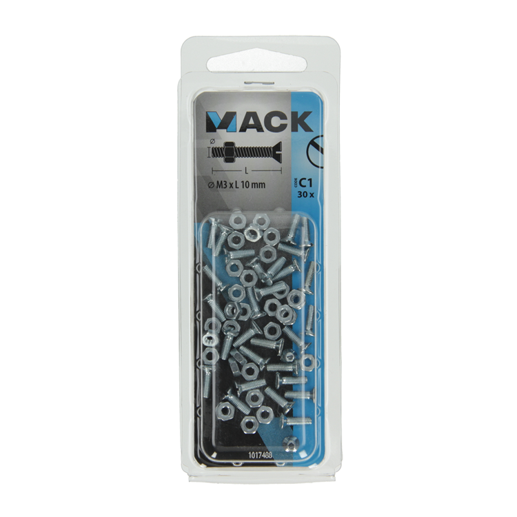 Afbeelding laden in galerijviewer, Mack 1017488 - metaalschroef verz. kop + moer verz. 30st m3 x 10 mm | 10 stuks
