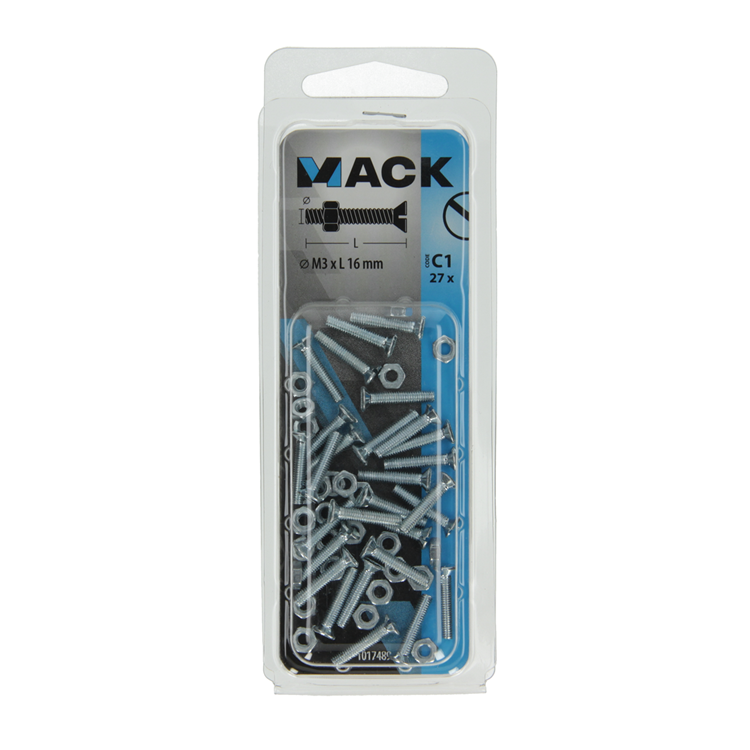 Afbeelding laden in galerijviewer, Mack 1017489 - metaalschroef verz. kop + moer verz. 27st m3 x 16 mm | 10 stuks
