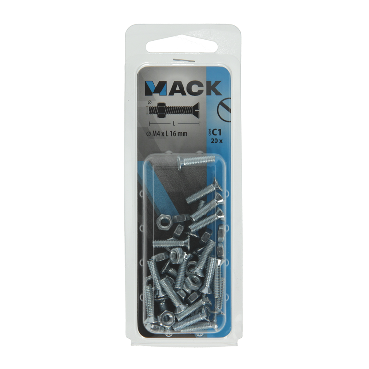 Afbeelding laden in galerijviewer, Mack 1017491 - metaalschroef verz. kop + moer verz. 20st m4 x 16 mm | 10 stuks
