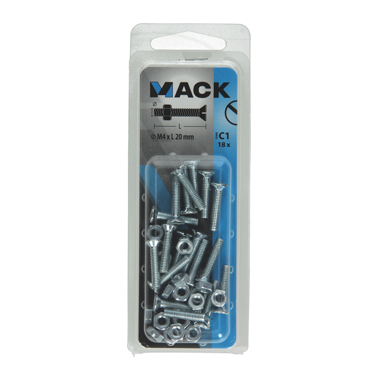 Afbeelding laden in galerijviewer, Mack 1017492 - metaalschroef verz. kop + moer verz. 18st m4 x 20 mm | 10 stuks
