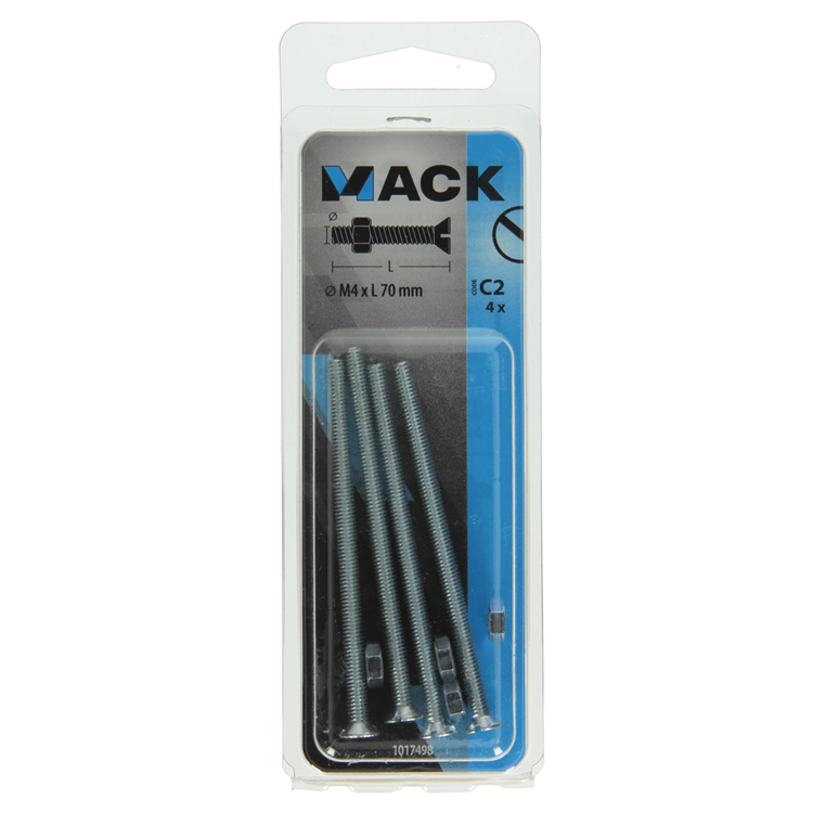 Afbeelding laden in galerijviewer, Mack 1017498 - metaalschroef verz. kop + moer verz. 4 st m4 x 70 mm | 10 stuks
