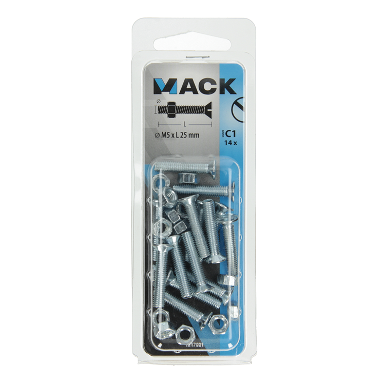Afbeelding laden in galerijviewer, Mack 1017501 - metaalschroef verz. kop + moer verz. 14st m5 x 25 mm | 10 stuks
