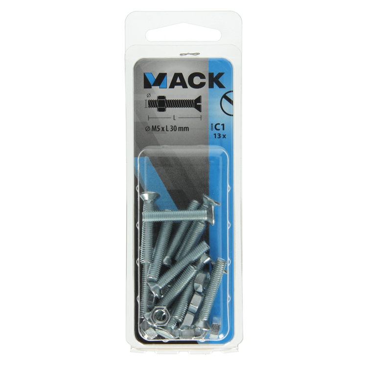 Afbeelding laden in galerijviewer, Mack 1017502 - metaalschroef verz. kop + moer verz. 13st m5 x 30 mm | 10 stuks

