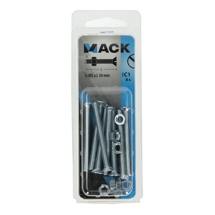 Afbeelding laden in galerijviewer, Mack 1017504 - metaalschroef verz. kop + moer verz. 8 st m5 x 50 mm | 10 stuks
