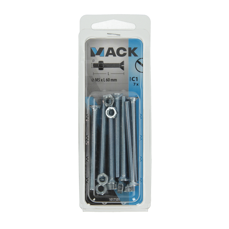 Afbeelding laden in galerijviewer, Mack 1017505 - metaalschroef verz. kop + moer verz. 7 st m5 x 60 mm | 10 stuks
