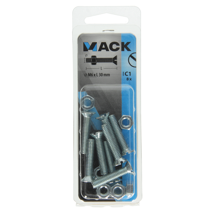 Load image into Gallery viewer, Mack 1017510 - metaalschroef verz. kop + moer verz. 8 st m6 x 30 mm | 10 stuks
