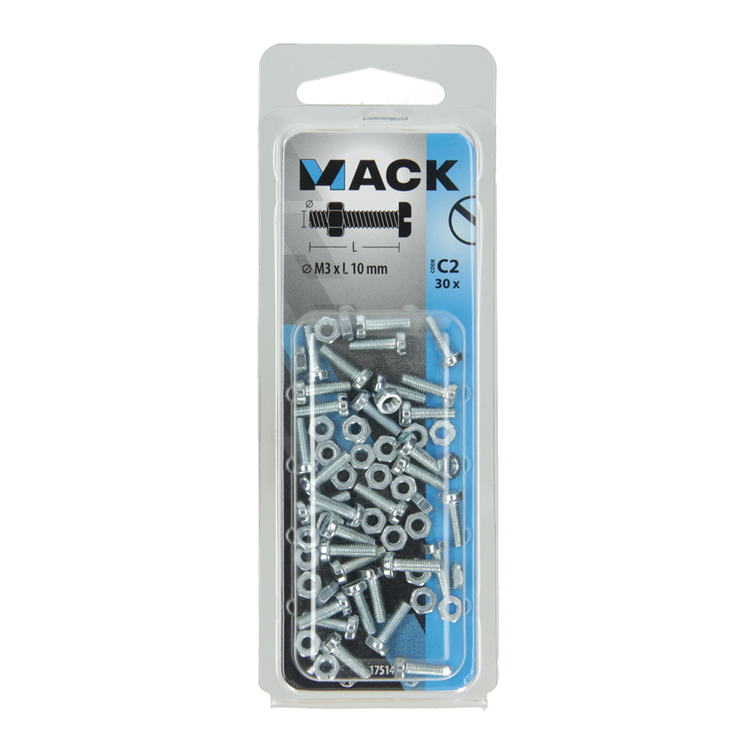 Afbeelding laden in galerijviewer, Mack 1017514 - metaalschroef cyl. kop + moer verz. 30 st m3 x 10 mm | 10 stuks
