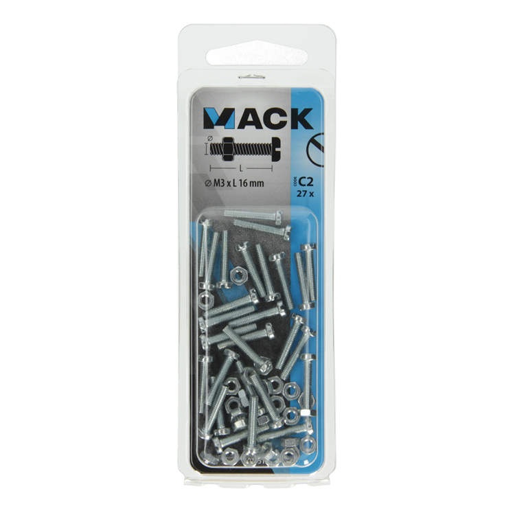 Afbeelding laden in galerijviewer, Mack 1017515 - metaalschroef cyl. kop + moer verz. 27 st m3 x 16 mm | 10 stuks
