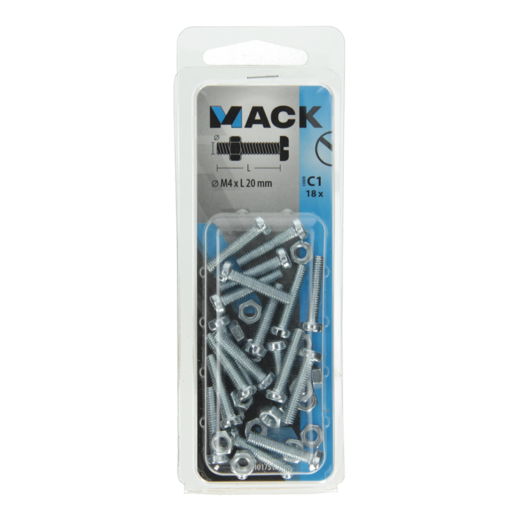 Afbeelding laden in galerijviewer, Mack 1017518 - metaalschroef cyl. kop + moer verz. 18 st m4 x 20 mm | 10 stuks
