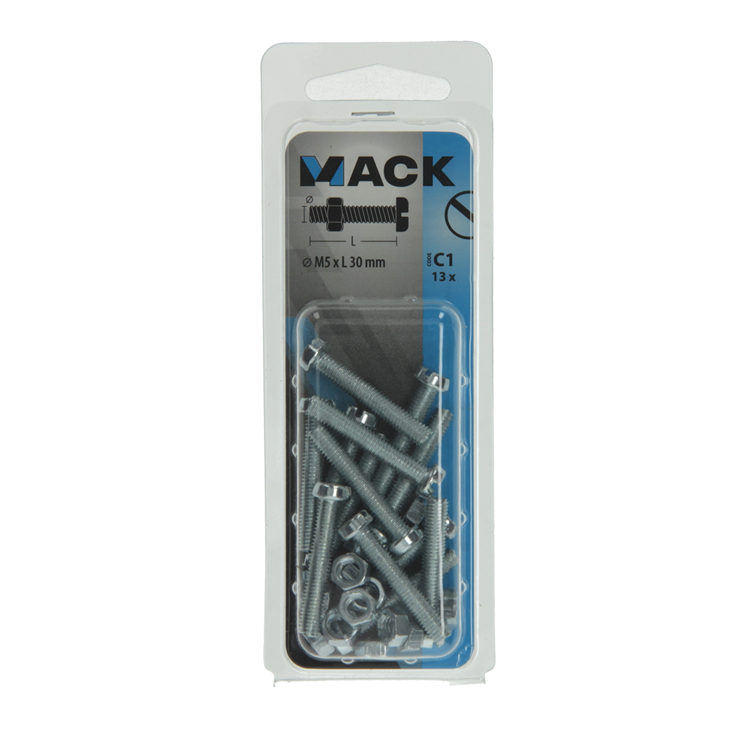 Load image into Gallery viewer, Mack 1017526 - metaalschroef cyl. kop + moer verz. 13 st m5 x 30 mm | 10 stuks
