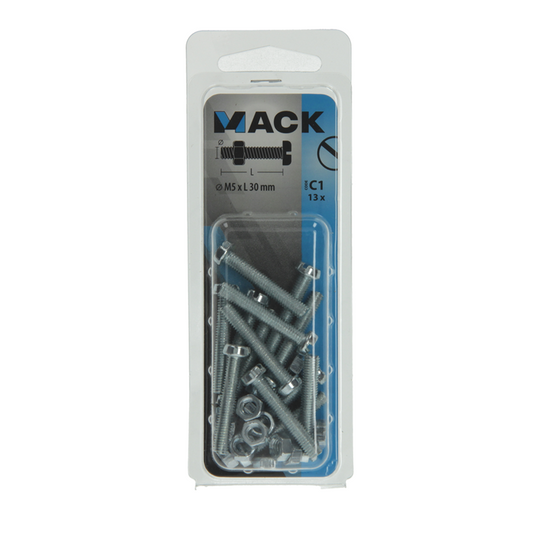 Mack 1017526 - metaalschroef cyl. kop + moer verz. 13 st m5 x 30 mm | 10 stuks