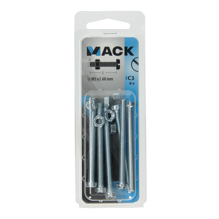 Load image into Gallery viewer, Mack 1017529 - metaalschroef cyl. kop + moer verz. 6 st m5 x 60 mm | 10 stuks

