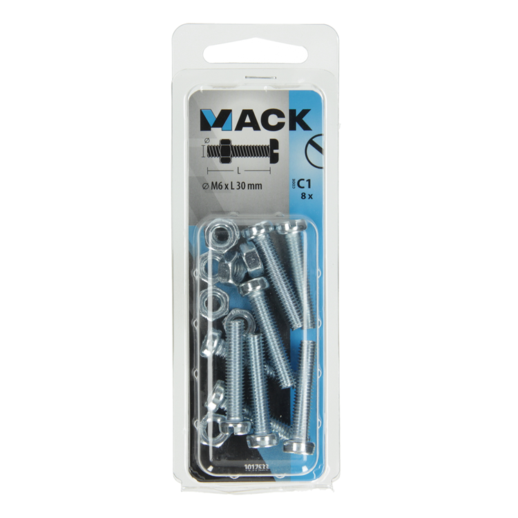 Afbeelding laden in galerijviewer, Mack 1017533 - metaalschroef cyl. kop + moer verz. 8 st m6 x 30 mm | 10 stuks
