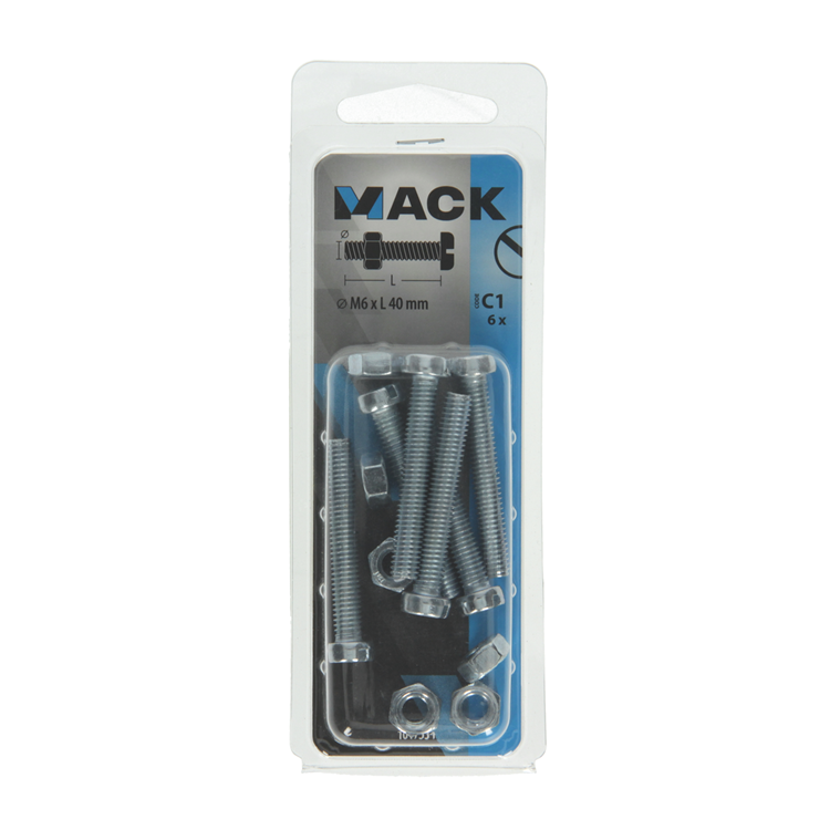 Load image into Gallery viewer, Mack 1017534 - metaalschroef cyl. kop + moer verz. 6 st m6 x 40 mm | 10 stuks
