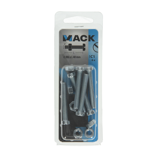 Mack 1017534 - metaalschroef cyl. kop + moer verz. 6 st m6 x 40 mm | 10 stuks