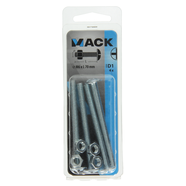 Afbeelding laden in galerijviewer, Mack 1017557 - kachelbout + moer staal verzinkt 4 st m6 x 70 mm | 10 stuks
