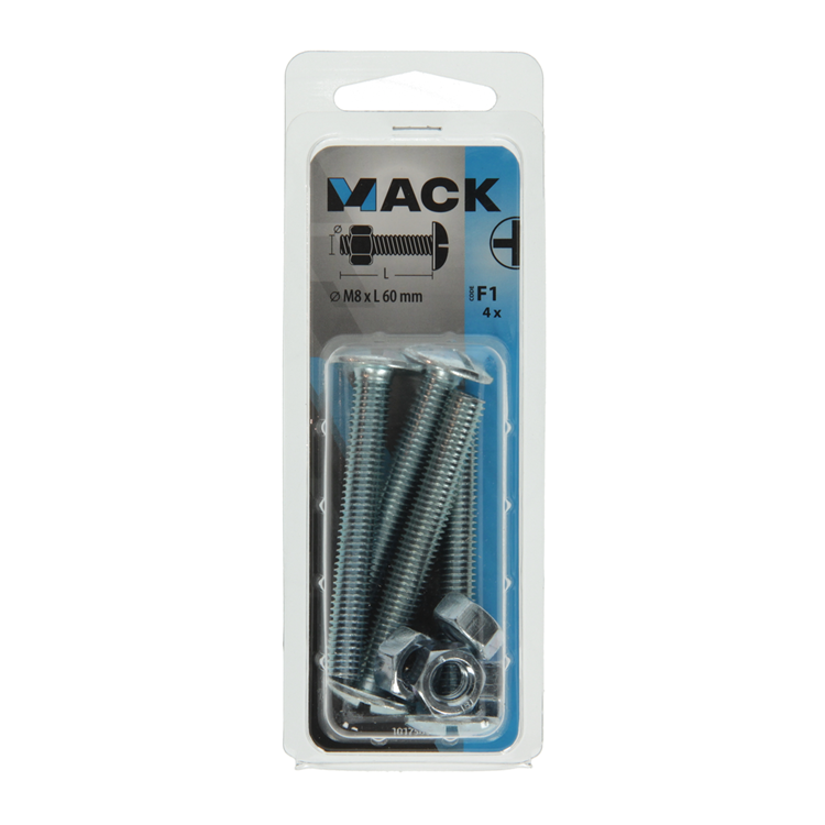Afbeelding laden in galerijviewer, Mack 1017560 - kachelbout + moer staal verzinkt 4 st m8 x 60 mm | 5 stuks
